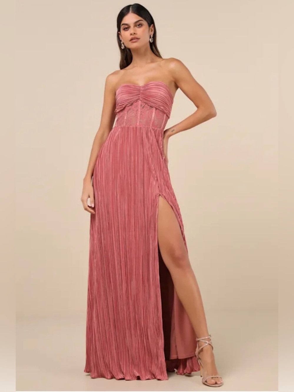 NWT Lulus Strapless Bustier Rose Pink Pleated Evening Gown With Slit XS